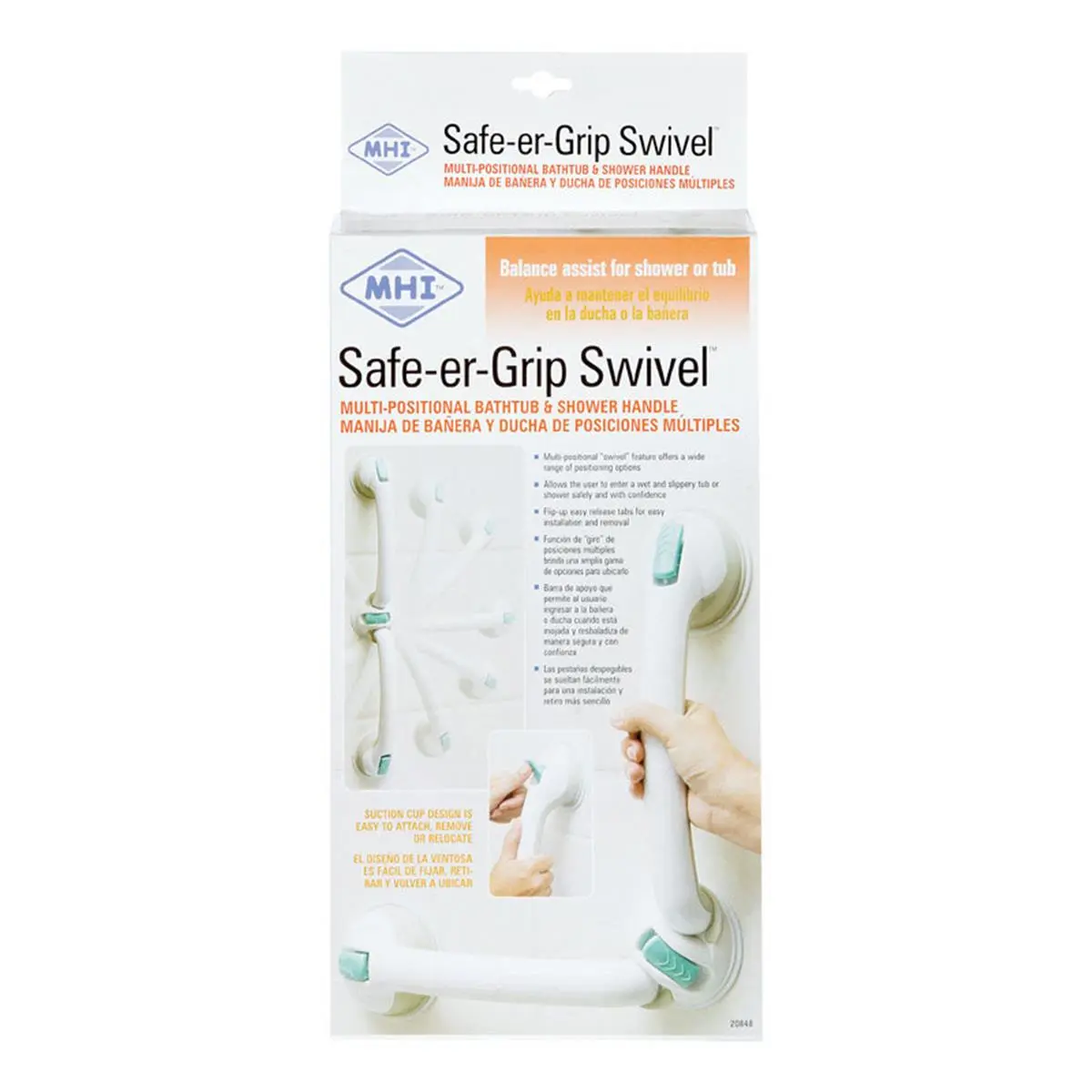 MHI 12 in Multi-Positional Tub and Shower Handle, Modern White Plastic Support Bar with Rotatable Grip Heads for Bathroom Safety & Toddlers, Press Tab Levers to Securely Attach, 1.6 lbs, Swivel