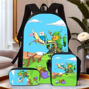Three-piece cute anime backpack set, decorated with appliqué character heads and matching prints--lightweight design with laptop compartment, adjustable shoulder straps, suitable for travel and outings for ages 14 and up
