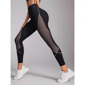 Women's sports  with color blocked mesh design suitable for various sports, Elastic and breathable material high waist stretch leggings