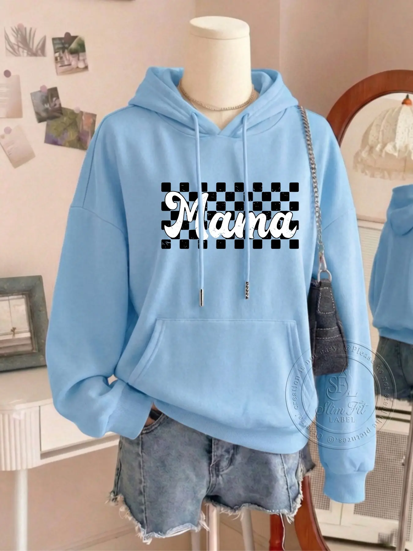Women's Fashion Fitted Hoodie Mama Letter Print Kangaroo Pocket Casual Long Sleeve Sweatshirt for Fall & Winter Daily Wear