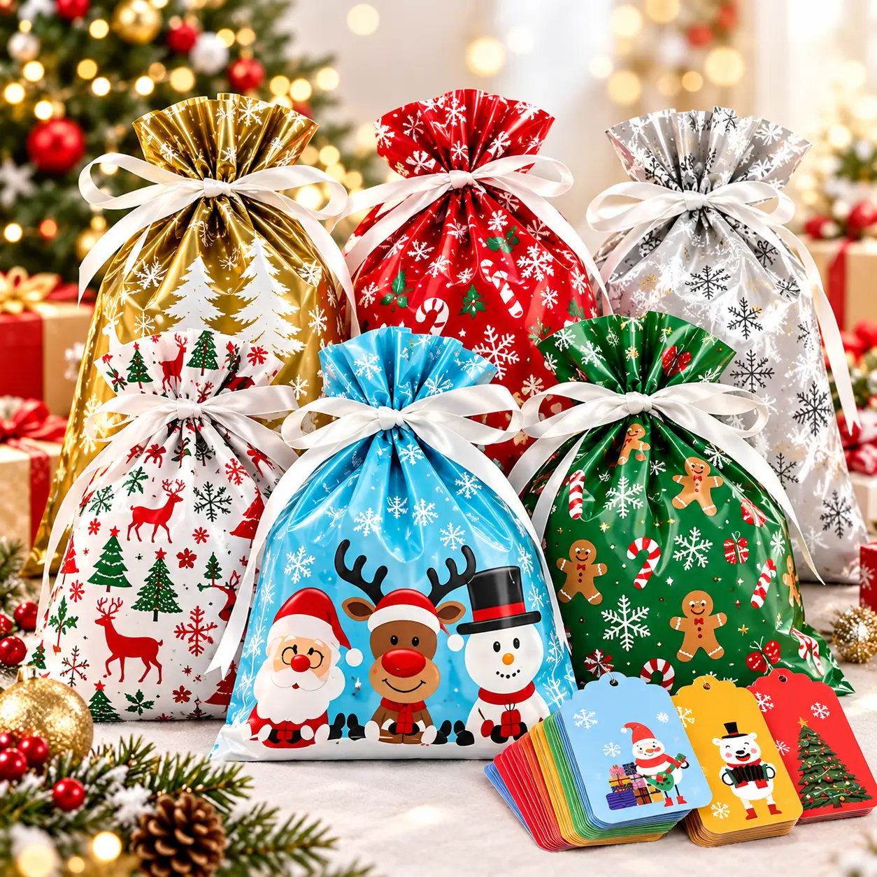 25 PCS Christmas Drawstring Gift Bags with 25 Gift Tags, 2 Sizes (10 Large + 15 Medium), Xmas Candy Bags, Holiday Treat Bags, Christmas Goodie Bags, Gift Wrapping Bags for Kids, Party Favors, Stocking Stuffers, Christmas Party Supplies, Holiday Gifts