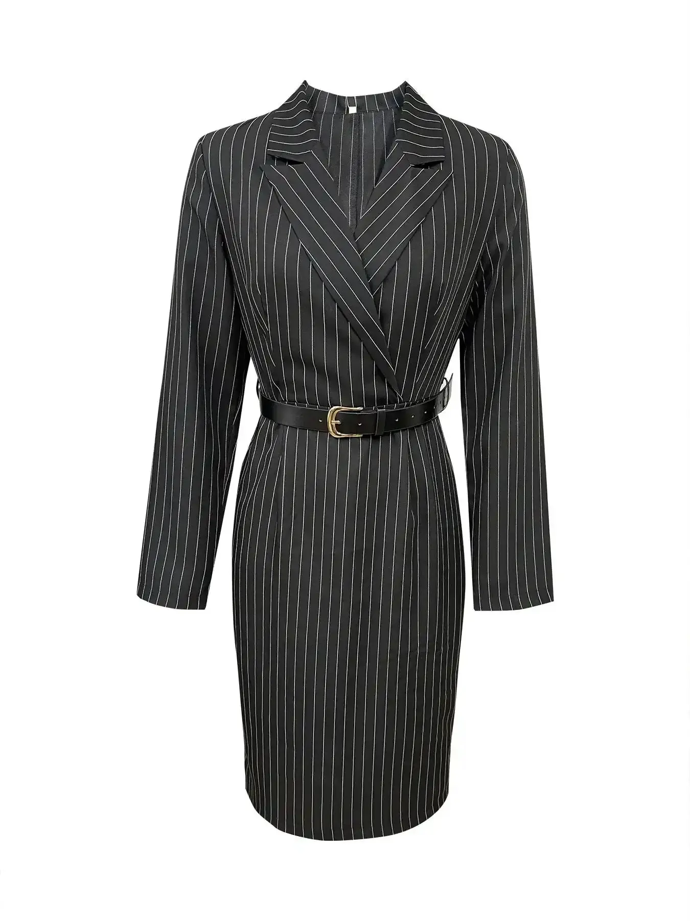 Elegant Formal Striped Fit Commuter Dress with Matching Belt, Stylish Workwear Silhouette for Office and Travel Wear, feminine charm, stunning presence, polished detail, refined structure