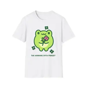 Cute Green Frog Holding Flower T-Shirt | The Horrors Both Persist