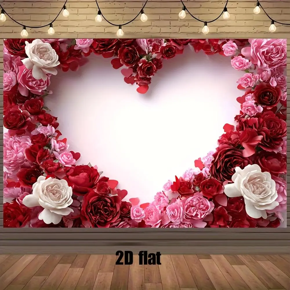 1PC Polyester Reusable 2D Flat Valentine's Day Heart-Shaped Rose Backdrop Banner, Romantic Curtain for Wedding, Birthday Party Home Supplies