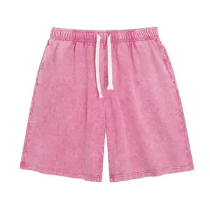 Fashion Women's Cotton Acid Washed Sweat Shorts Mid Waist Elastic Drawstring Gym Workout Pants with Pockets for Summer Casual