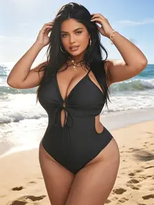 Women's Plus Size New Hollow Out Backless Sexy Slim Fit Solid One-Piece Swimsuit, Perfect for Beach Poolside
