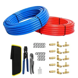 Plumbingsell 3/4" PEX-B Tubing 2 x 100ft Blue & Red, 15 PCS Brass Fittings, Crimper, Clamps & Cutter Combo Kit for Potable Water & Heavy Wire Heating Nsf Certified
