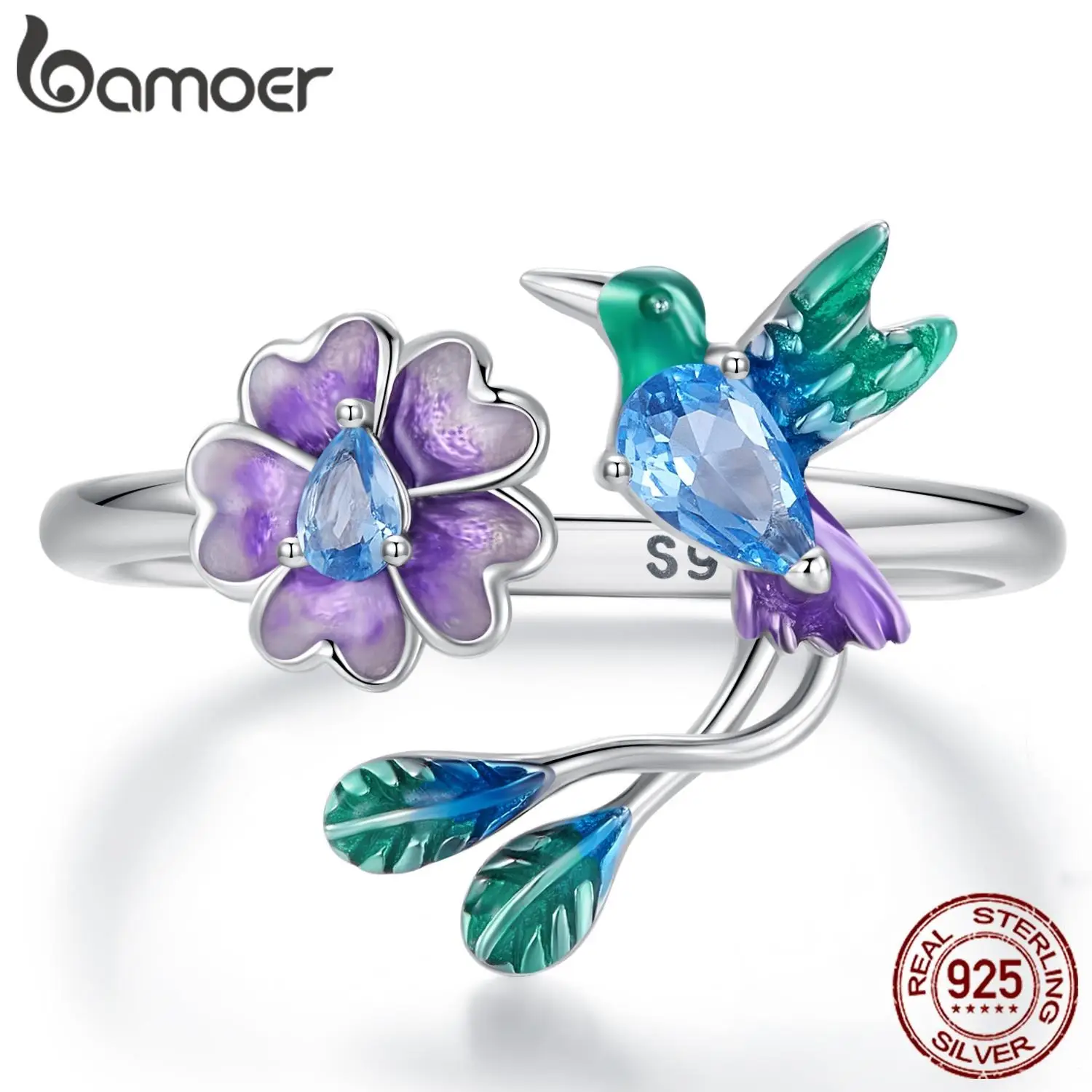 BAMOER 925 Sterling Silver Flower & Bird Adjustable Ring For Women Crystal Hummingbird Rings Daily Silver Jewelry Sparkles Gift For Girlfriend Mom Wif