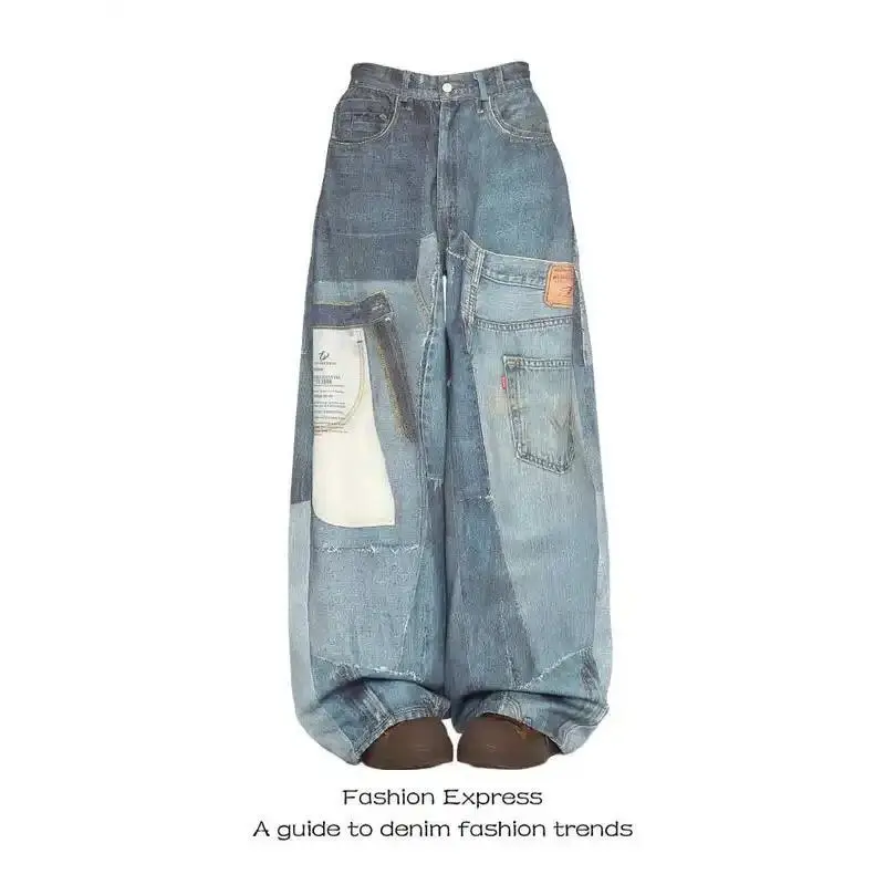 NewAmerican Spring and Autumn Street Men and Women  Personalized Straight leg Jeans Couple Loose Retro Splicing Casual Pants Can be used with a raincoat1123