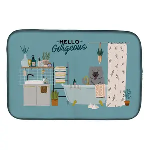 212 MAIN Decorative 14x21 in. Blue Chow Chow in Bathtub Dish Drying Mat Set, Polyester Face Water-Absorbent Bathroom Floor Mat