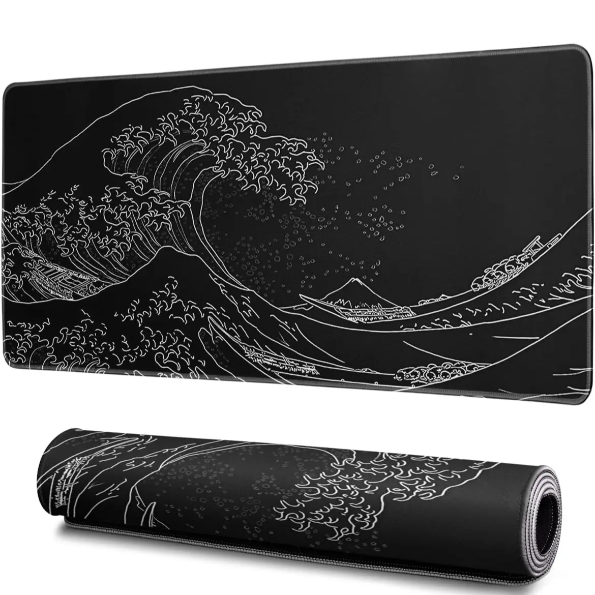 Japanese Gaming Mouse Pad - Abstract Black Sea Wave Texture, Non-Slip Rubber Base, Large Ocean Mousepad