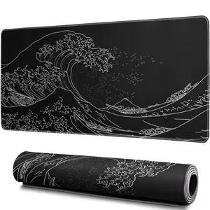 Japanese Gaming Mouse Pad - Abstract Black Sea Wave Texture, Non-Slip Rubber Base, Large Ocean Mousepad
