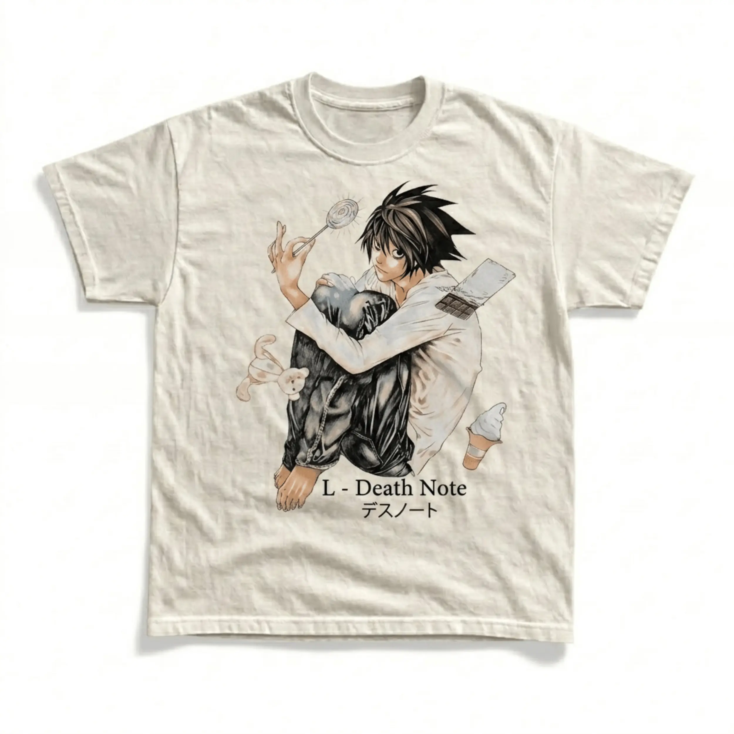 Men's and Women's T-Shirt, Vintage L Lawliet Graphic Tee, Death Note T-Shirt, Unisex Gift Manga Anime Shirt, Gothic Grunge Y2K Emo Scene Amity Affliction Style Clothes Menswear Womenswear Streetwear