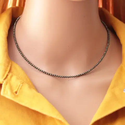Women's Handmade 2 ~ 3 Mm Tiny Faceted Pyrite Beads Choker Necklace - 16 in Adjustable Waterproof Crystal Chain, Minimalist Daily Wear Gift for Females, Beaded Chain