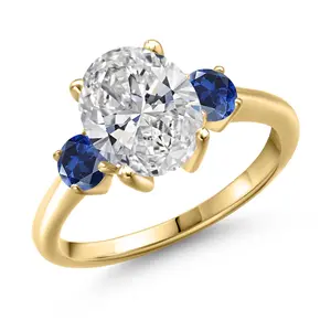 Gem Stone King 2.50 cttw IGI Certified Lab Grown Diamond and Blue Created Sapphire 3-Stone Engagement Ring For Women | 18K Yellow Gold Plated Silver | Center 2.00 Ct Diamond | D-E Color | VS1-VS2