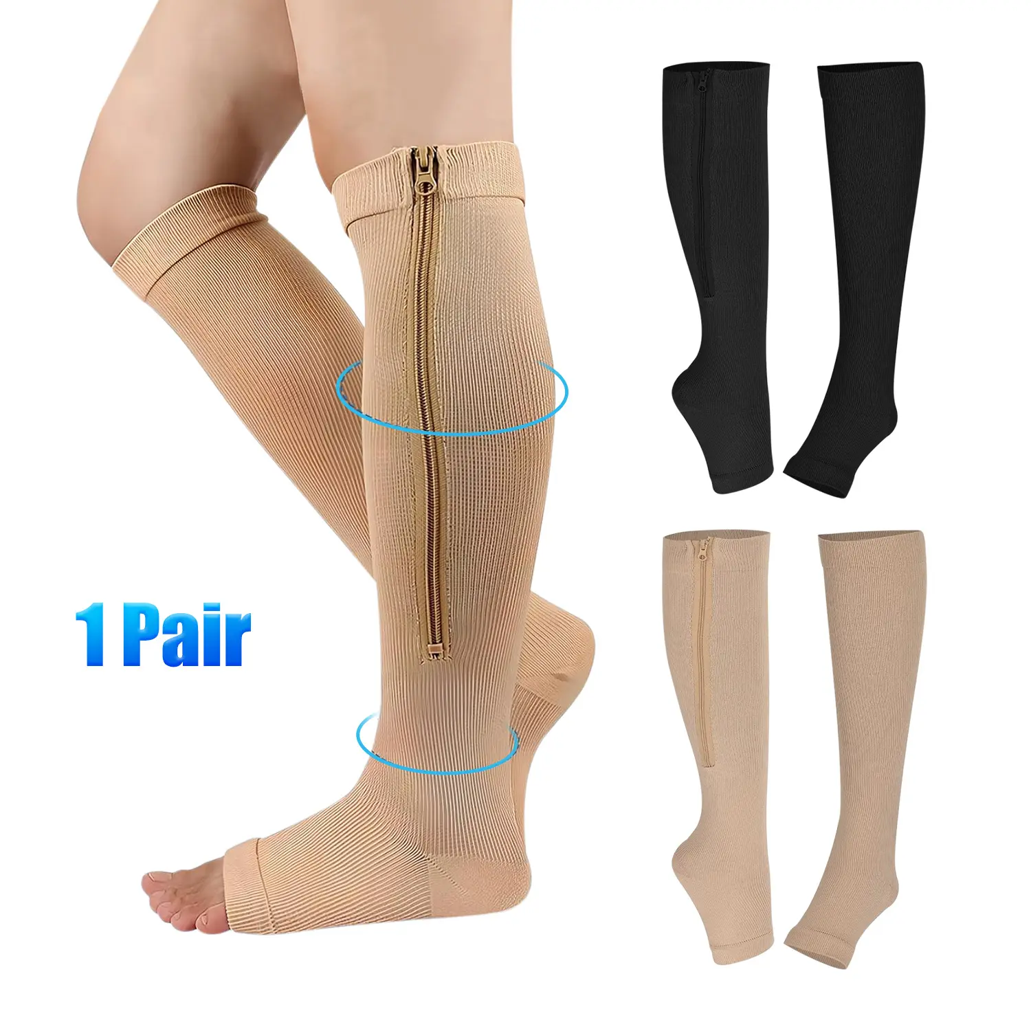 Zippered Compression Socks for Women & Men, 15-20mmHg Knee High Open Toe Nylon Stockings for Wide Calf Support, Swelling, and Varicose Veins, Compression Stockings, Athletic Socks Ankle, Ankle Knee Support Sports Socks