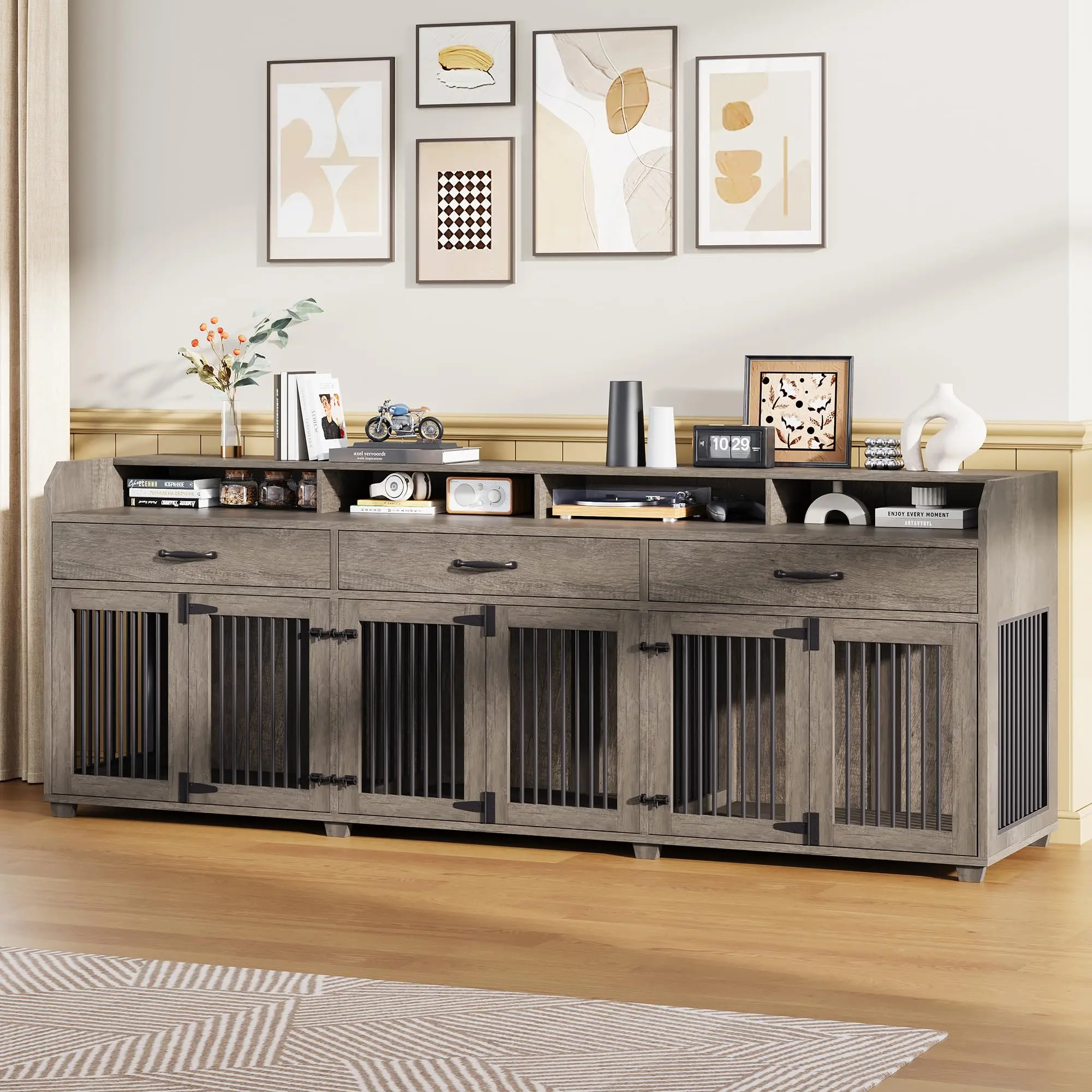[Ships in 2 Boxes] AMERLIFE 95" Large Dog Crate Furniture with Storage, 3-Room Indoor Wooden Dog Kennel for Large/Medium Dogs, TV Stand & Sideboard with Drawers & Removable Divider, Living Room, Farmhouse，#tiktokshopstockup