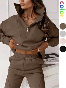 women's plain color zipper top and pants set, casual fitted for fall and winter, regular length knit fabric, clothes
