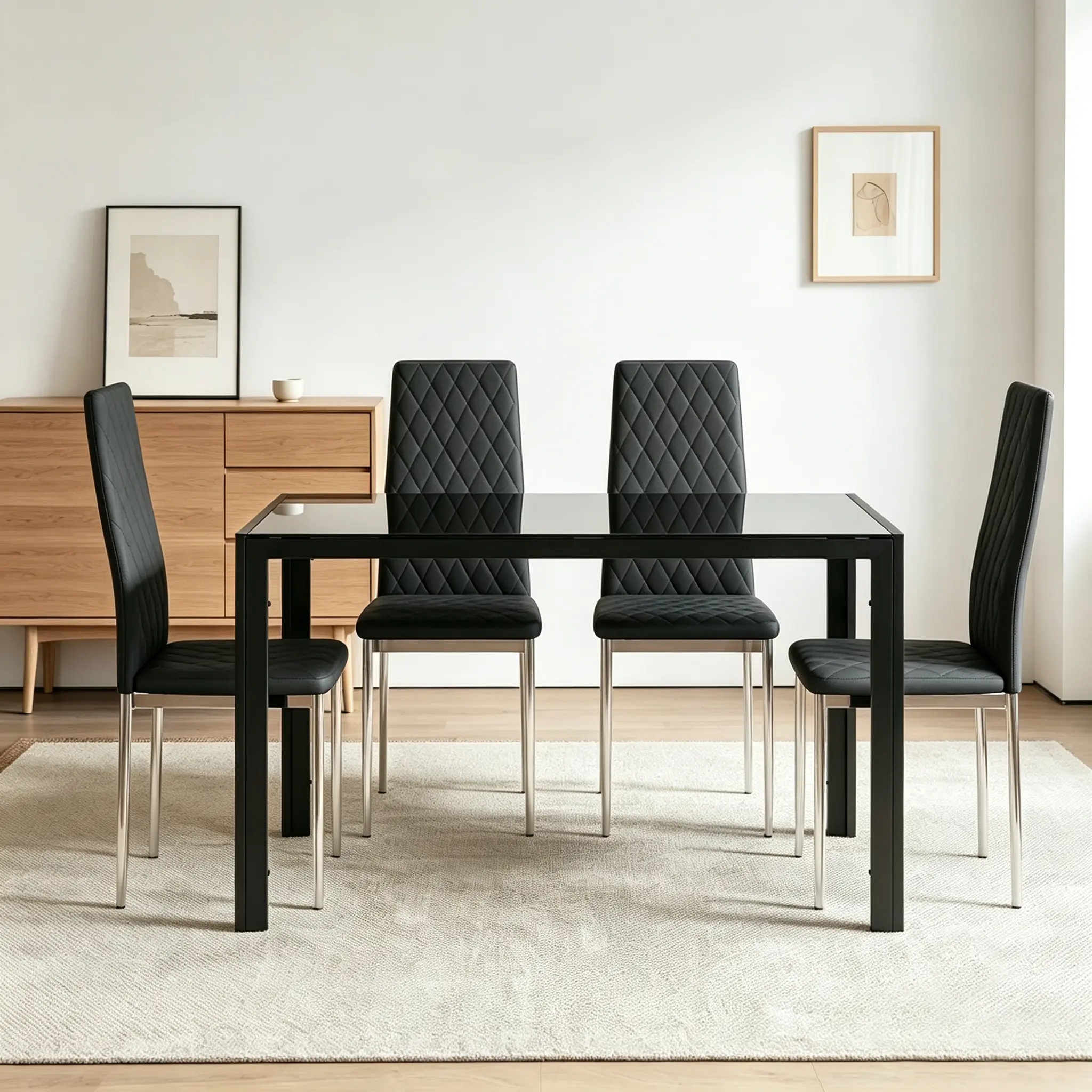 47.25" Tempered Glass Dining Table for Small Spaces, Modern Minimalist Black Kitchen Table for 4, Glass Top Table with Metal Frame for Apartment Dining Room