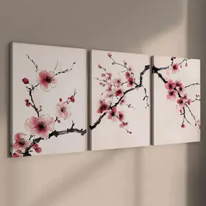 3 count wooden frame canvas, ink plum branch elegant triple poster, vintage flower decoration, exquisite mural, stylish bedroom decoration, modern home decoration, living room and corridor wall decoration, HD, waterproof, art