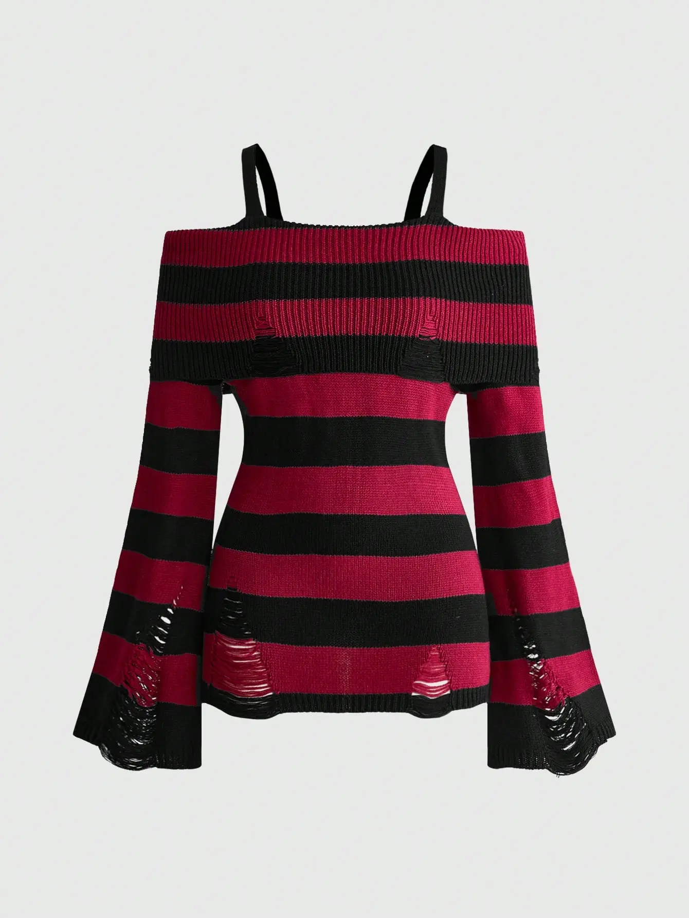 LALUZ Goth Spring Casual Dark Punk Distressed Waist Cinched Off-Shoulder Crew Neck Black Grey Striped Sweater Y2K