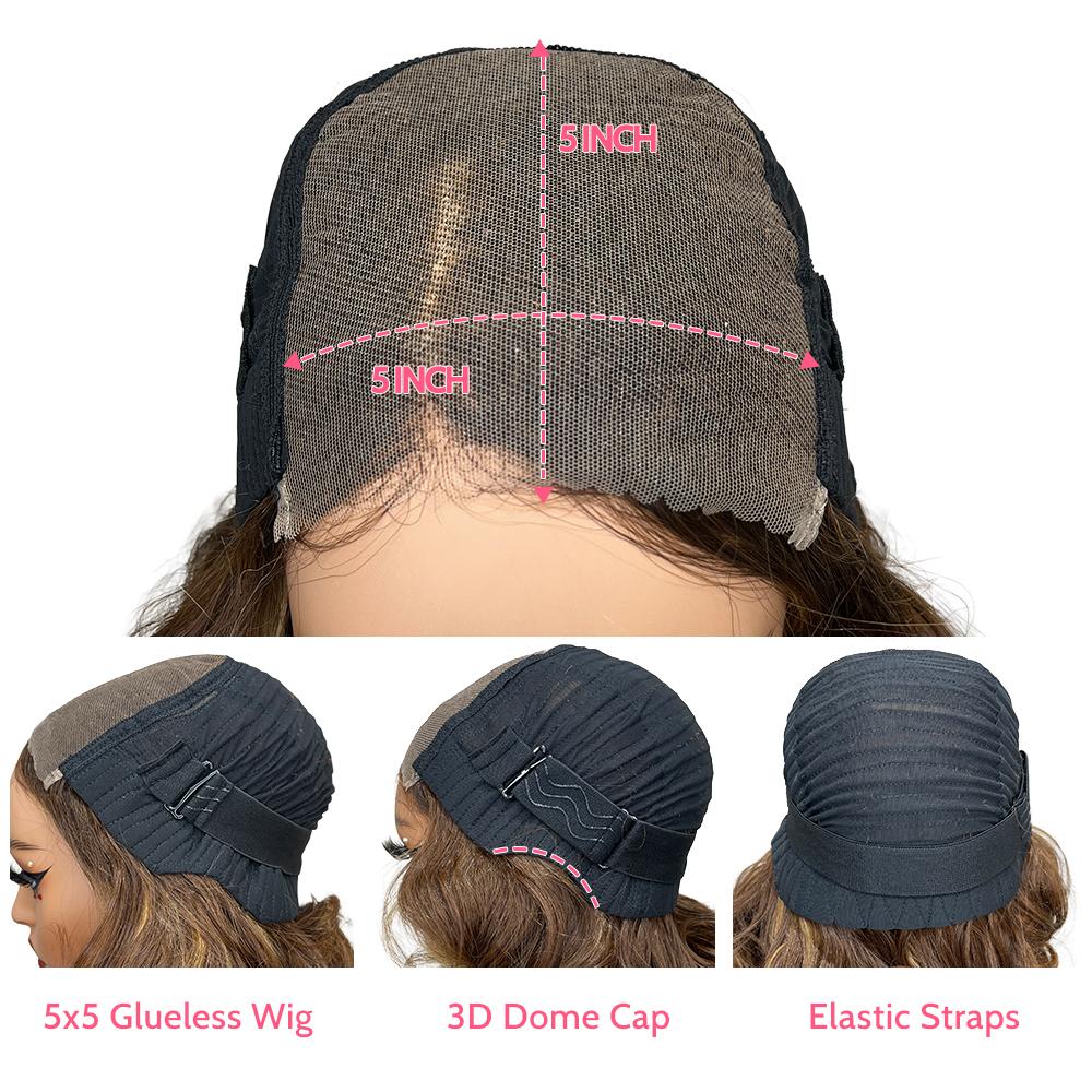 14 Inch Ombre Brown P4/350 Loose Bouncy Wave 200% Density Pre Cut Pre Plucked 5x5 Glueless Lace Wig Human hair Wigs 100% Vietnamese Hair Wear and Go Glueless Curly Wig