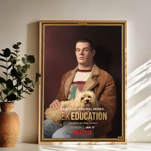 Sex Education Season 2 Netflix Poster Character with Dog Wall Art Vintage Black and White Art Posters Funky Aesthetic Canvas Prints Retro Bar Cart Decor for Bar Bedroom