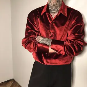 Streetwear Fashion Men Satin Wine Red Shirt Spring Summer Lapel Long Sleeve Clothing Vintage Casual Loose Chic Versatile To