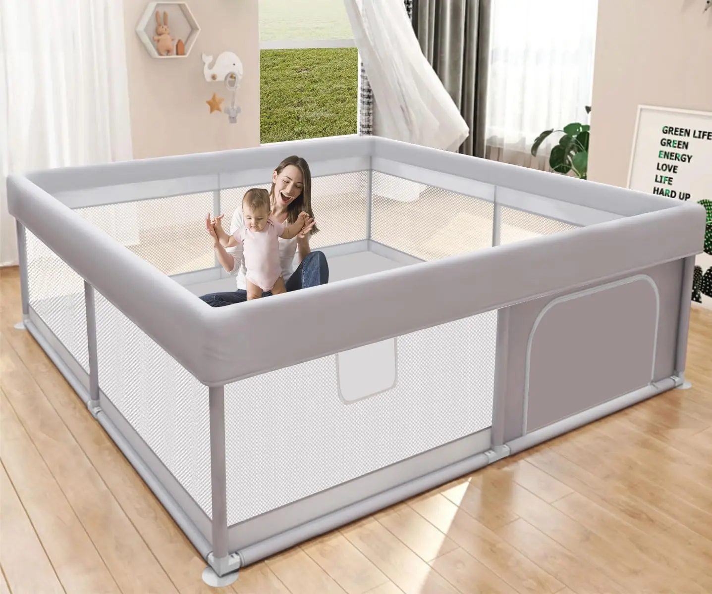 Hiaksedt Baby Playpen 50x50 Inch, Play Pens for Babies and Toddlers | Baby Fence for Indoor & Outdoor, Sturdy Safety Play Yard with Soft Breathable Mesh, Anti-Fall, Grey