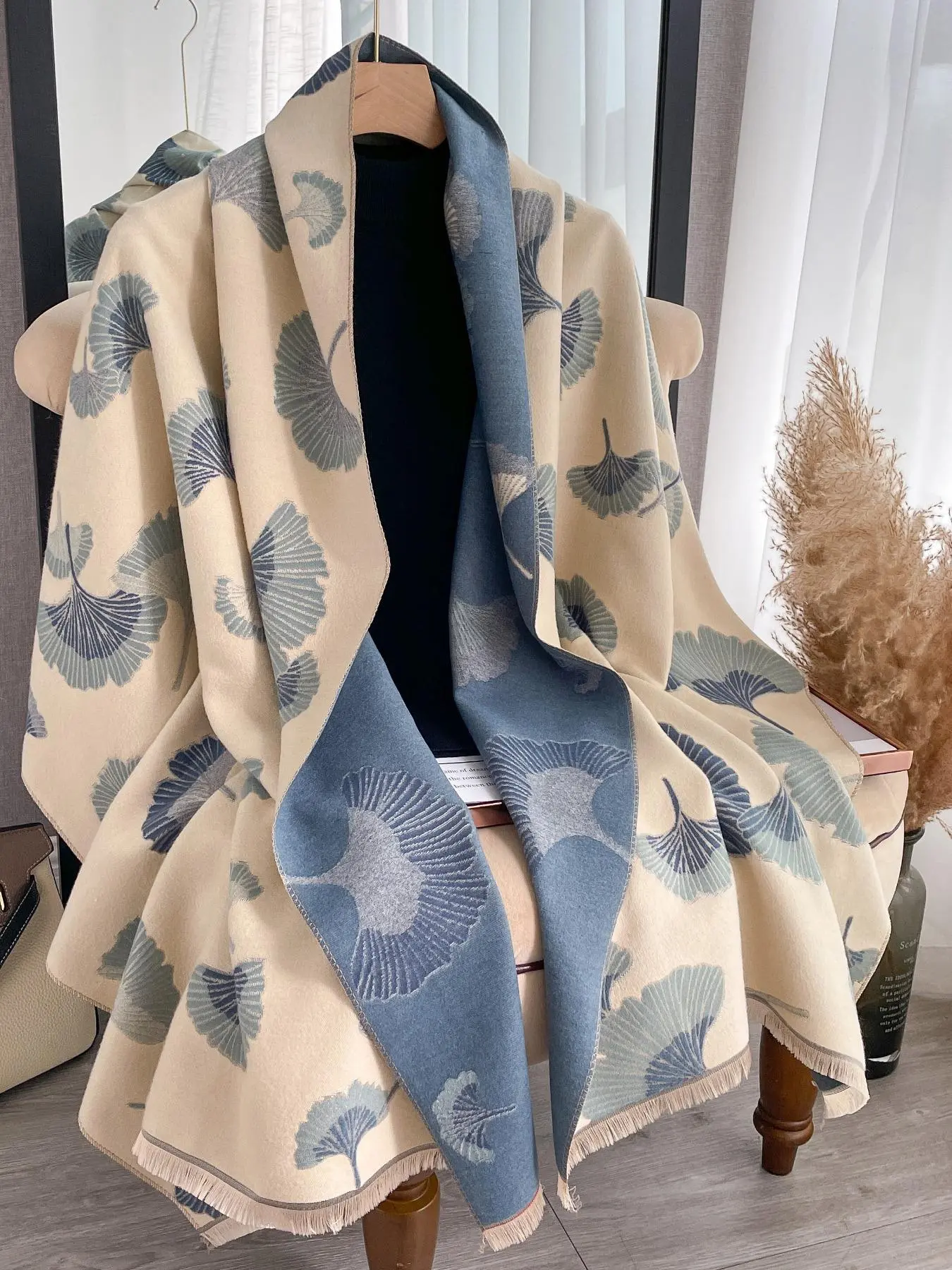 Women's Elegant Leaf Pattern Polyester Shawl, Casual Soft Warm Fringe Trim Scarf for Women, Fashion Accessories for Daily Wear, Trendy All-match & Exquisite Scarf for Birthday Gift, Boho Style Scarf