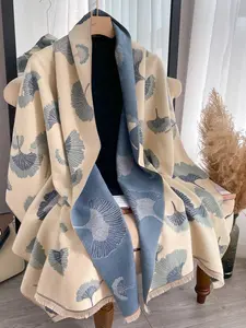 Women's Elegant Leaf Pattern Shawl, Casual Soft Warm Fringe Trim Scarf for Women, Fashion Accessories for Daily Wear, Trendy All-match & Exquisite Scarf for Birthday Gift, Boho Style Scarf