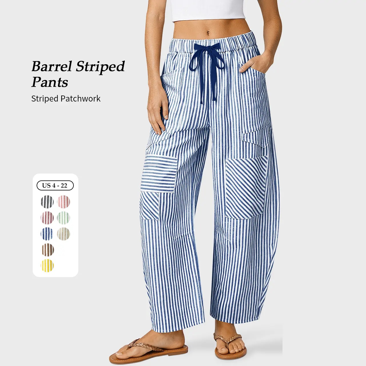 TARSE Women’s Striped Linen Blend Barrel Pants, Patchwork Baggy Wide Leg Trousers with Drawstring Waist & Pockets