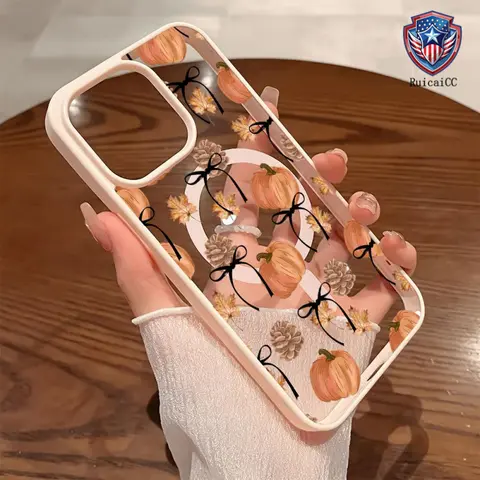 Premium Magnetic Autumn Pumpkin Bow Smartphone Case for iPhone 11-18 Pro Max Air, MagSafe Ready, Shockproof Protective Cover, Cute Customized Handheld Casing, Everyday Use Phone Accessory, TK0617