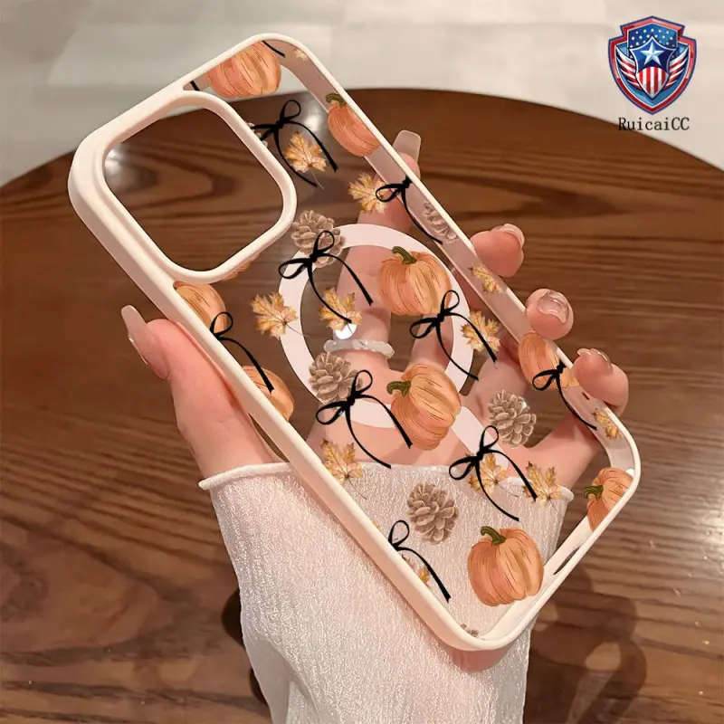 Premium Magnetic Autumn Pumpkin Bow Smartphone Case for iPhone 11-18 Pro Max Air, MagSafe Ready, Shockproof Protective Cover, Cute Customized Handheld Casing, Everyday Use Phone Accessory, TK0617