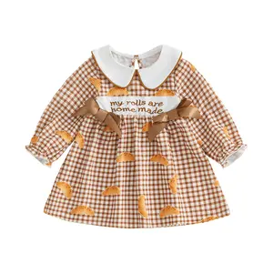 Toddler Baby Little Girl Thanksgiving Gingham Dress with Bows Letter Croissant Plaid Long Sleeve Doll Collar A-line Dresses 6M-4T