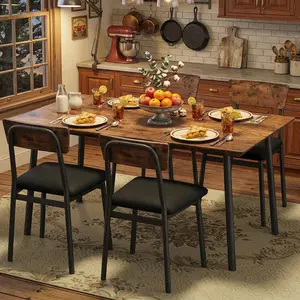 Dining Table Set for 4 with 4 Upholstered Chairs, Dining Room Table Set for 4 w/Beveled Edge Design, Wood Kitchen Table Chairs Set of 4 for Dining, Kitchen Room, Apartmen