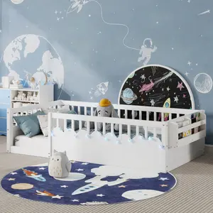 Twin Floor Bed Frame with High Rails, Wood Montessori Floor Beds with Light and Storage Bookshelf