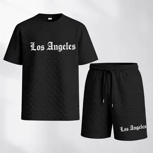 Men's Spring And Summer Los Angeles Print With Red And Black Line Checkered Fabric Drawstring Shorts Set, Casual Summer Outfit With Short-Sleeved Shirt And Shorts, Ideal For Everyday Wear And Sports Activities