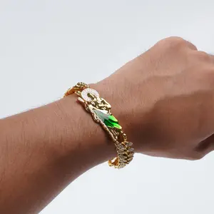 St.Jude Personalized Religious Jewelry Luxury Unisex Bracelet Hip-Hop Gold Plated Design Green Accents Alloy Material