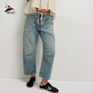 Women's drawstring jeans, mid low waist, boyfriend drawstring, ankle loose jeans, elastic waist, elastic denim pantsRAIMENTRY