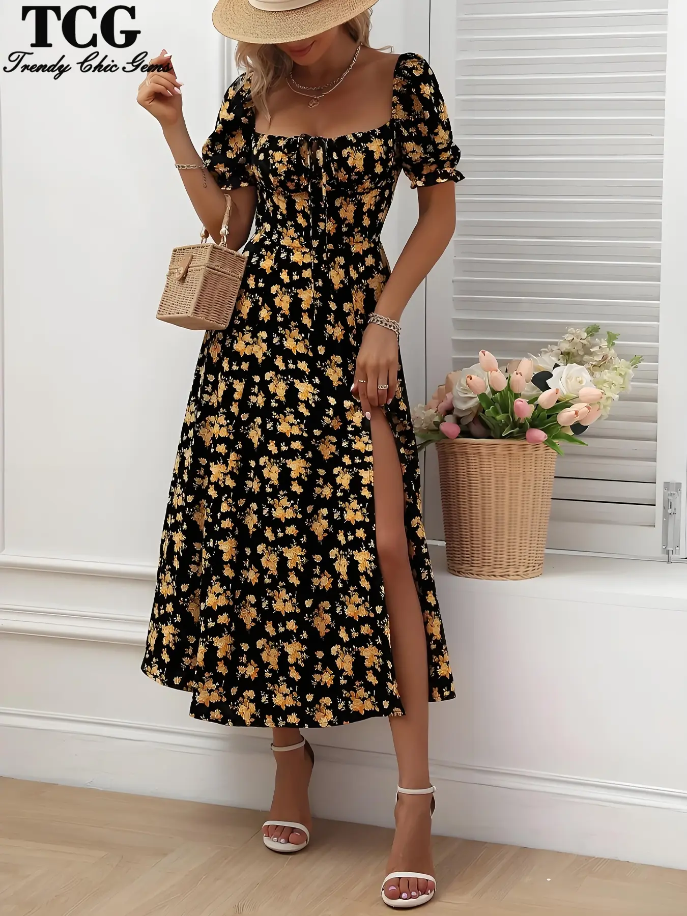 Women's Ditsy Floral Print Slit Dress, Feminine Boho Fashion Casual Summer Dress for Daily Holiday Vacation Wear, Ladies Dress for All Seasons