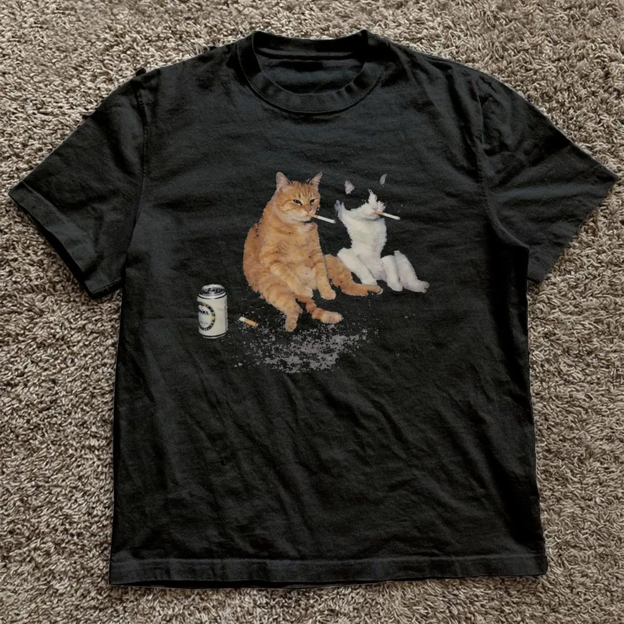Meme Cat Smoking And Beer T-Shirt, Y2k Shirt, Animal Tee, Gifts Shirt, Unisex Vintage Graphic Tees Gothic Grunge Y2k Emo Scene Amity Affliction Style Clothes Men Women Streetwear