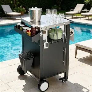 Outdoor Grill Cart with Patio Furniture, Outdoor Grill Table with Storage,Rolling Bar Cart Outdoor BBQ Cart with Hooks and Spice Rack for Grilling Accessories, Black