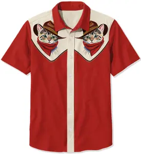 Red Western Cowcat Hawaiian Shirt Short-sleeve Button-down Cat Lover Gift