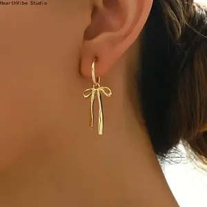 Women's 18K Gold Plated Earrings - Elegant Vintage Bow Accent, Shiny Golden Earrings for Daily Wear, Party & Valentine's Gift, Year-Round Timeless Accessory