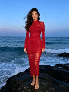 QFAF 2026 Women Vibrant Red Ruched Mesh Maxi Dress Elegant High Neck Long Sleeve Sheer Bodycon Midi Dress, Stretchy Slim Fit Sexy See-Through Party Club Evening Dress Chic Mesh Dress for Beach Vacation Birthday Cocktail Night Out