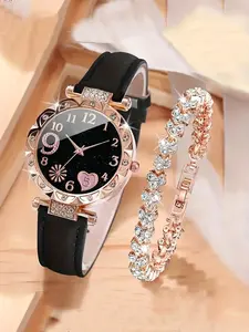 Women's Elegant Stylish Round Dial Quartz Analog Watch & Bracelet Set,Sparkly Luxury Heart Design Bracelet,Rhinestone Embellished Watch For Women & Girls For Gift Without Box Gift,Valentine's Day,Gift