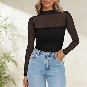 Women's Mesh Sheer Top Mock Turtle Neck Long Sleeve Ruched Detail See Through Sexy Casual Going Out Blouse