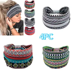 4PC Boho Headbands for Women Wide Knotted Headbands Stretch Non-Slip Vintage Printed Head Bands Bohemia Head Wraps Accessories for Women and Girls Festivals Breathable