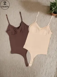 2-Piece Women's Ribbed V-Neck Bodysuit with (Sizes S-XXL) – Adjustable Thin Straps & Multi-Row Back Closure – Black/Wine Red/Brown/Apricot/Green/Blue/Pink – Suitable for Daily Wear, Commute & Layering